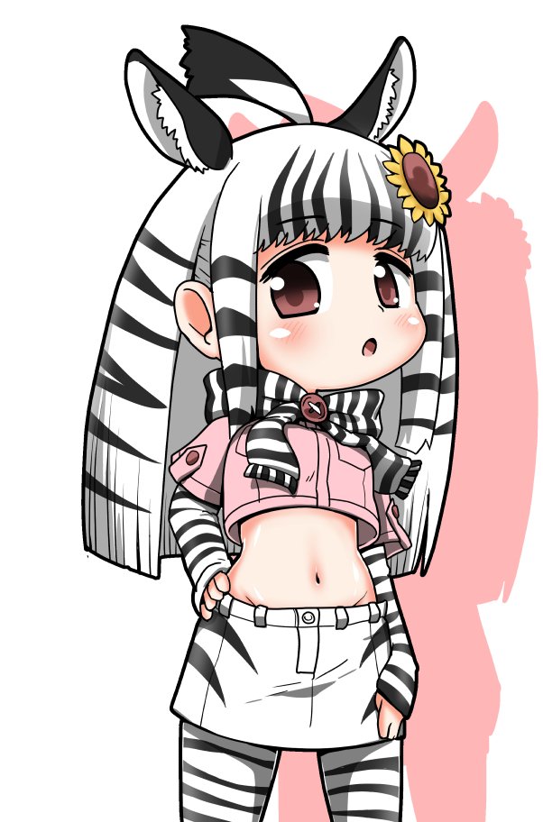 1girl, ahoge, animal_print, black_hair, blush, brown_eyes, chibi, flower