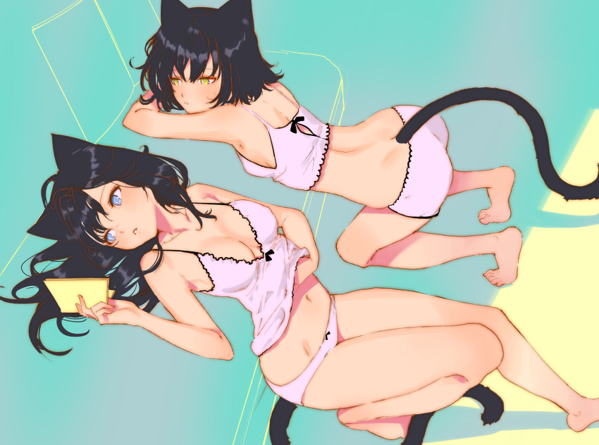 2girls, absurdres, animal_ears, aruterra, bare_legs, barefoot, black_hair, blue_eyes