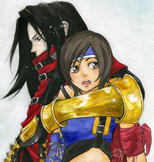 1girl, bandage, bandages, black_hair, brown_eyes, brown_hair, couple, dirge_of_cerberus_final_fantasy_vii