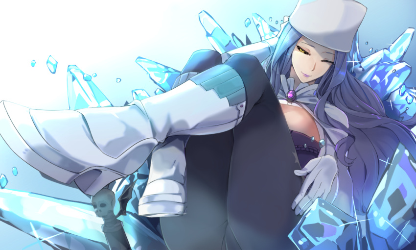 1girl, ;), ass, belinda, blue_hair, boots, gloves, hat