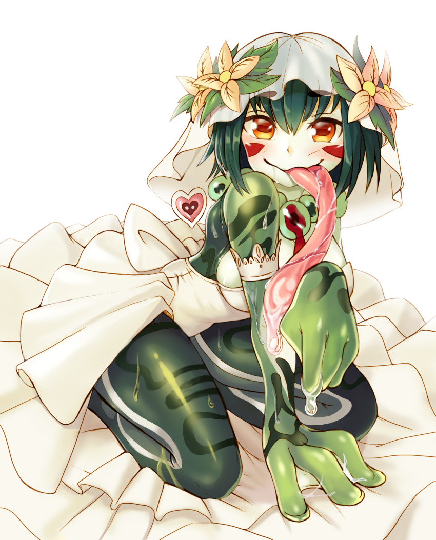 1girl, absurdres, bare_shoulders, bridal_veil, bride, dress, flower, frog_girl, green_skin, hair_flower, hair_ornament, happy, heart, highres, horizontal_pupils, kneeling, long_tongue, monster_girl, monster_girl_encyclopedia, mucus_toad_(monster_girl_encyclopedia), red_eyes, saliva, slimy, smile, solo, sookmo, tongue, veil, webbed_hands, wedding_dress