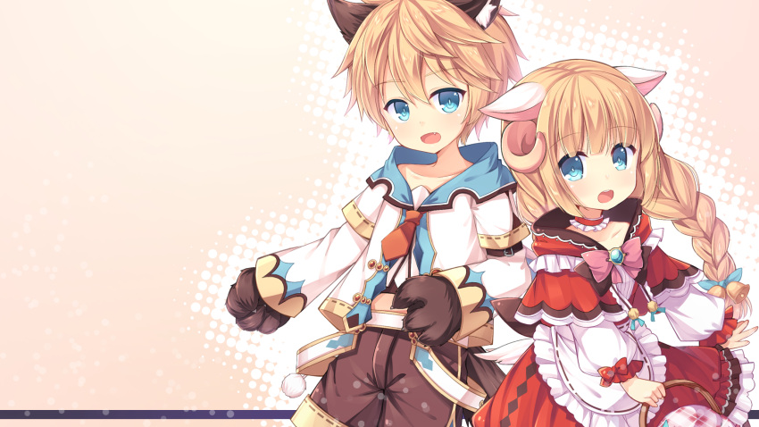 1boy, 1girl, :d, amemiya_ruki, animal_ears, aura_kingdom, basket, bell, blonde_hair, blue_eyes, bow, braid, capelet, choker, collarbone, eyebrows_visible_through_hair, fang, gretel_(aura_kingdom), hair_bell, hair_ornament, hansel_(aura_kingdom), highres, horns, long_hair, long_sleeves, looking_at_viewer, open_mouth, paws, sheep_ears, sheep_horns, sheep_tail, short_hair, shorts, smile, tail, wallpaper, wolf_ears, wolf_paws, wolf_tail