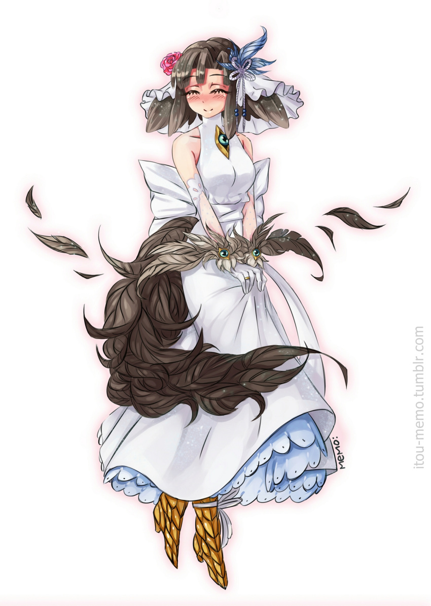 animal_ears, blush, brown_feathers, closed_eyes, dog_ears, dress, feathers, flower, gloves, happy, high_heels, highres, itou-memo, jewelry, kikimora_(monster_girl_encyclopedia), monster_girl, monster_girl_encyclopedia, red_flower, ring, scales, short_hair, simple_background, smile, tail, veil, wedding_band, wedding_dress, white_background, yellow_scales