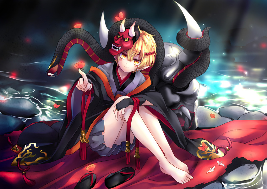 1boy, barefoot, blonde_hair, brown_eyes, butterfly_on_finger, dated, headband, liymm, looking_at_viewer, male_focus, mask, mask_removed, onmyoji, origami, paper_crane, pointy_ears, prajna_(onmyoji), sandals_removed, sitting, smile, snake, water, wide_sleeves