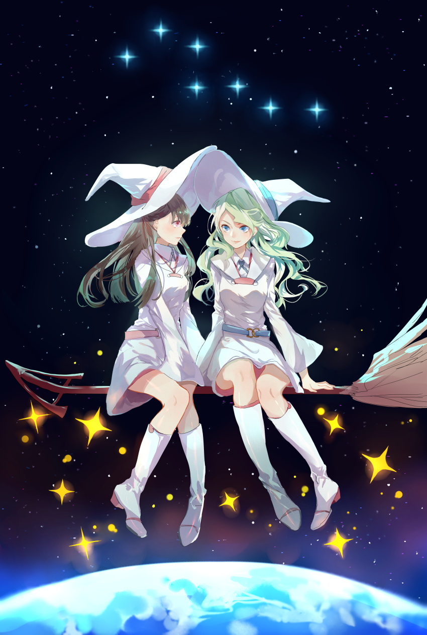 +_+, 2girls, absurdres, blue_eyes, blush, boots, broom, broom_riding