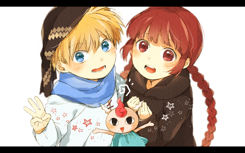 1boy, 1girl, bandanna, blonde_hair, blue_eyes, braid, brown_eyes, brown_hair, gipple, hat, higashi_eria, kukuri, letterboxed, long_hair, looking_at_viewer, low_twintails, mahoujin_guruguru, nike_(mahoujin_guruguru), open_mouth, scarf, smile, staff, twin_braids, twintails