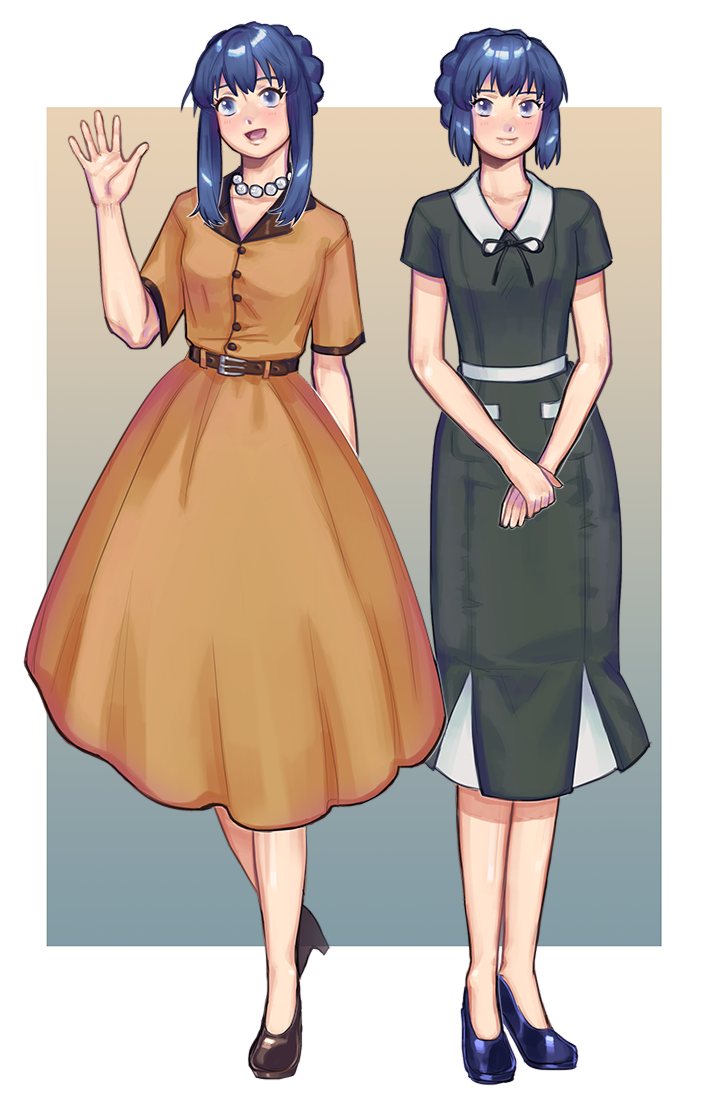 2girls, alternate_costume, arm_at_side, belt, blue_eyes, blue_hair, blue_shoes, brown_dress