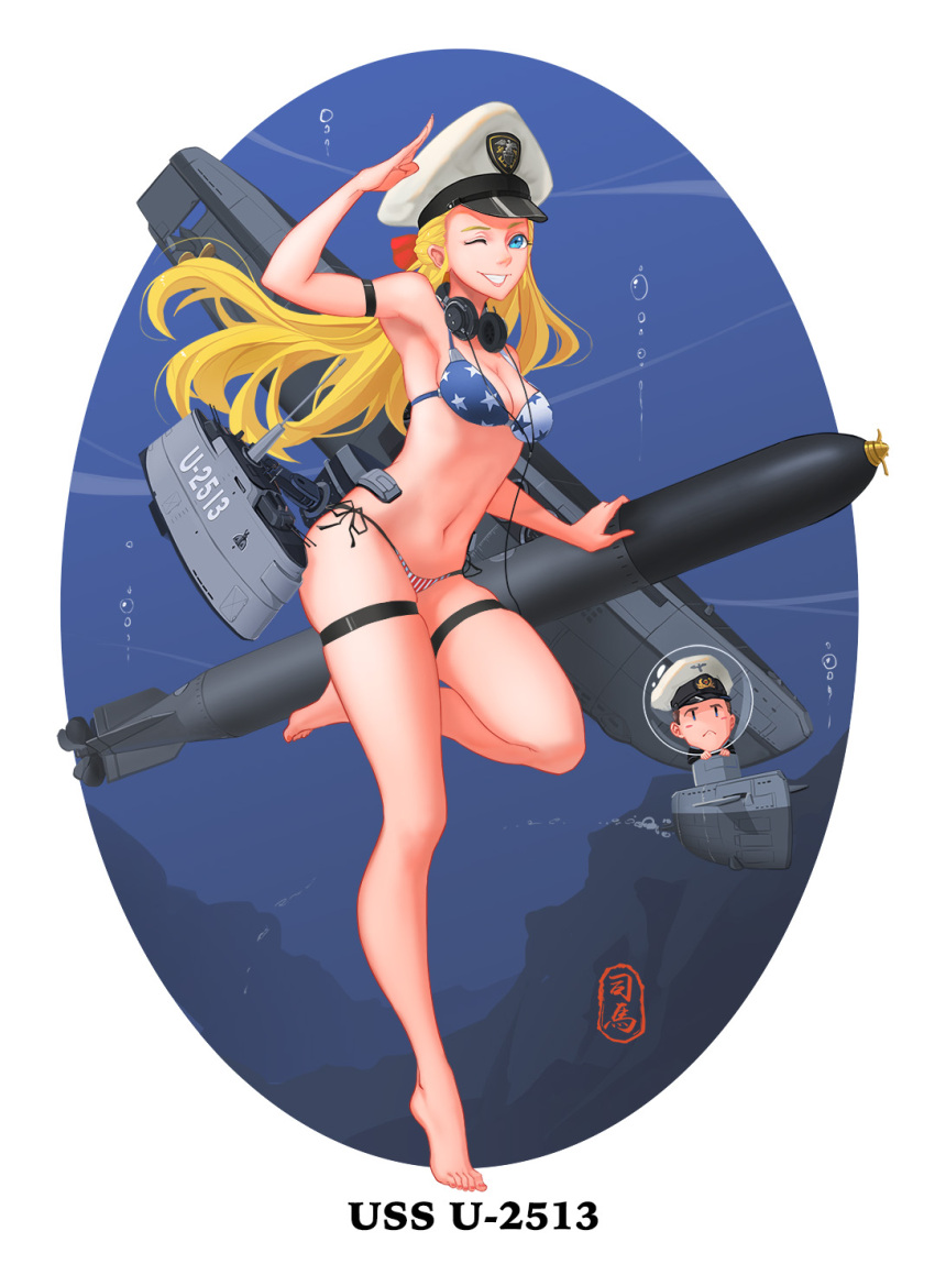 american_flag_bikini, arm_strap, artist_signature, barefoot, bikini, blonde_hair, blue_eyes, character_name
