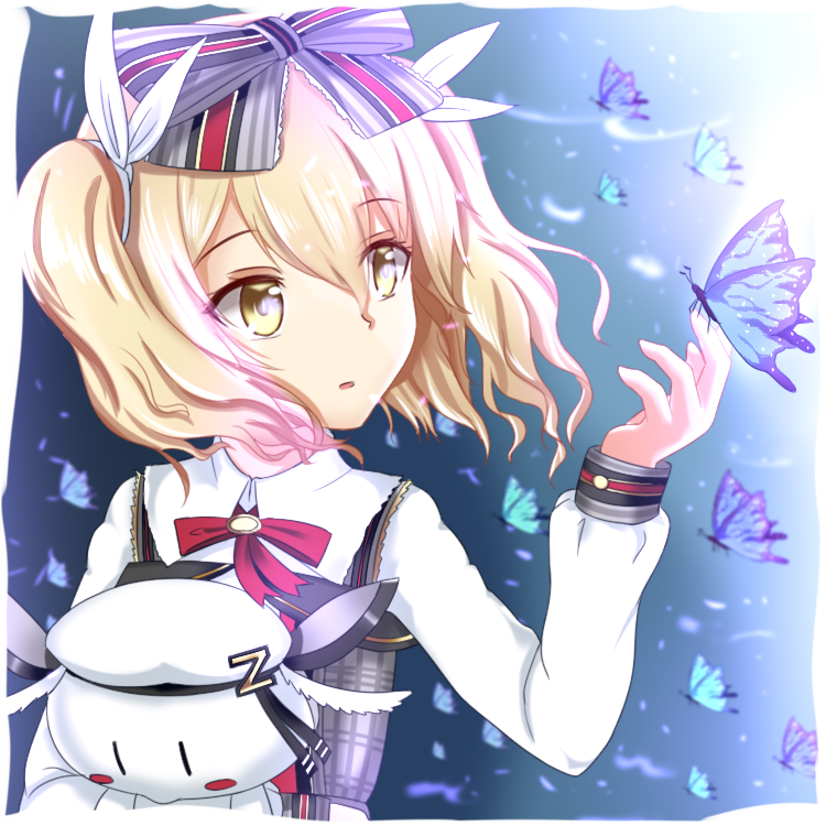 1girl, alternate_costume, blonde_hair, blouse, bow, bowtie, butterfly, butterfly_on_finger