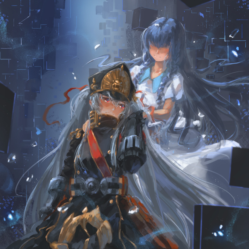 black_hair, blue_pupils, braid, eye_contact, gunpuku_no_himegimi, hair_over_eyes, hand_holding, hat