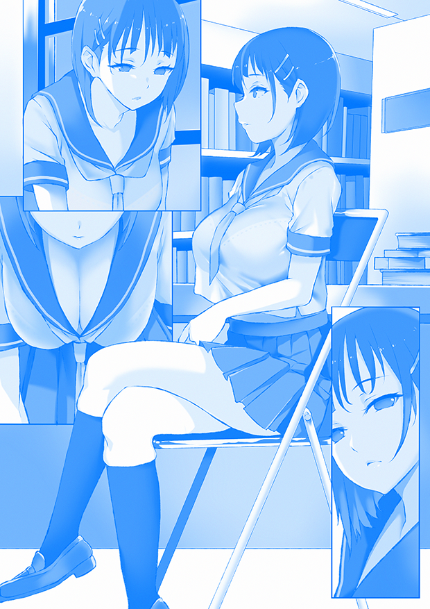 1girl, blue, book_stack, bookshelf, bra, breasts, chair, cleavage