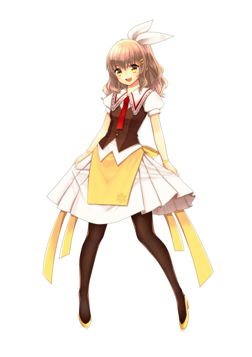 1girl, :d, bracelet, brown_hair, brown_legwear, full_body, hair_ornament, hairclip