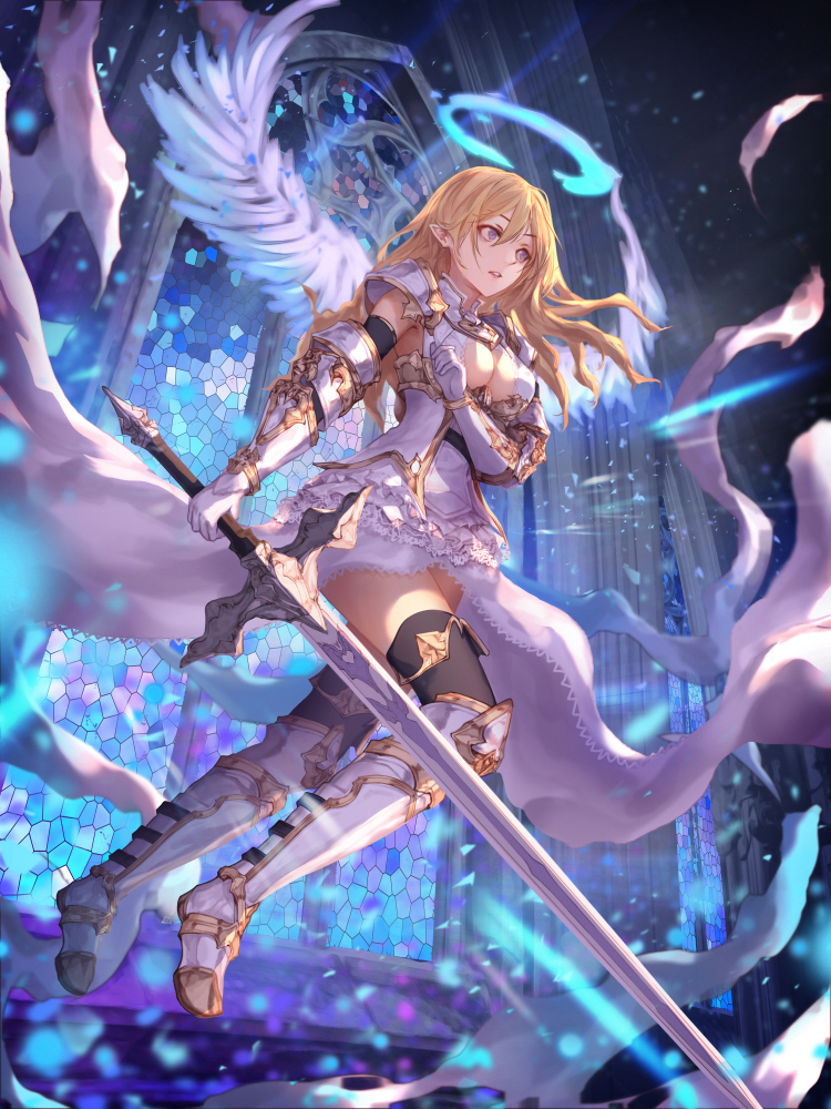1girl, armor, armored_boots, bangs, blonde_hair, blue_eyes, blurry, boots