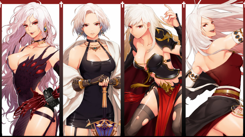 :d, artist_request, bare_shoulders, black_clothes, black_legwear, bracelet, bracer, breasts