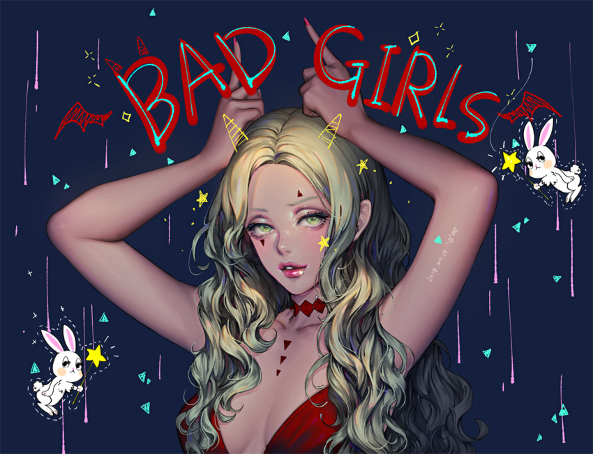 'o'ne, 1girl, arms_up, artist_name, bare_shoulders, blonde_hair, breasts, choker