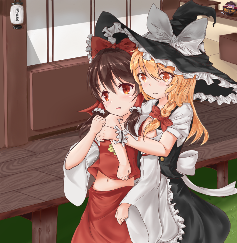 3girls, apron, ascot, blonde_hair, blush, bow, braid, brown_hair