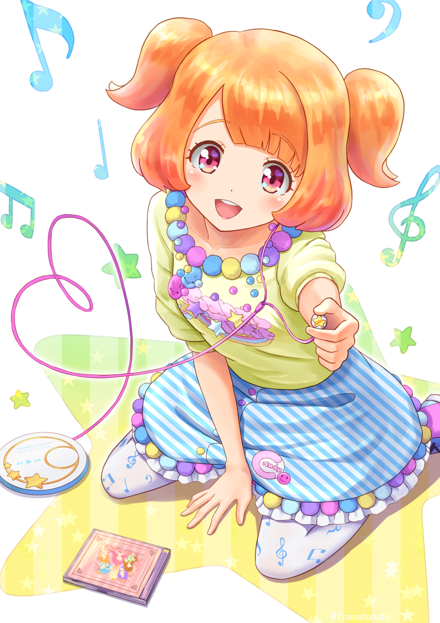1girl, :d, brown_hair, full_body, green_shirt, headphones, highres, kneeling