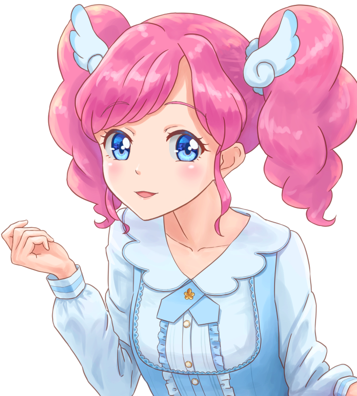 1girl, aikatsu!, amahane_madoka, blouse, blue_eyes, blush, looking_at_viewer, nanatsu_natsu, pink_hair, short_hair, short_twintails, smile, solo, twintails, upper_body, white_background, white_blouse, winged_hair_ornament