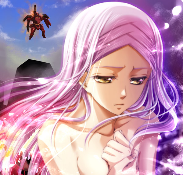 gundam_00, lavender_hair, mecha, mug_shot, petals, sad, sasano_shiki, soma_peries, yellow_eyes