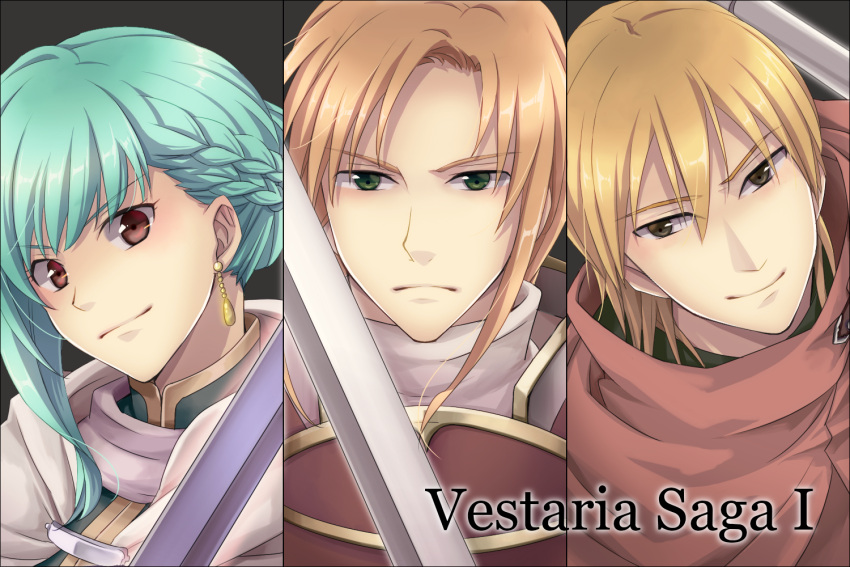 1girl, 2boys, aqua_hair, armor, blonde_hair, braid, brown_eyes, copyright_name