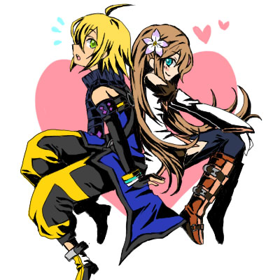 1girl, blonde_hair, blue_eyes, brown_hair, couple, emil_castagnier, flower, gloves, green_eyes, long_hair, love, lowres, marta_lualdi, scarf, smile, tales_of_(series), tales_of_symphonia, tales_of_symphonia_knight_of_ratatosk, thighhighs, tororoimomo