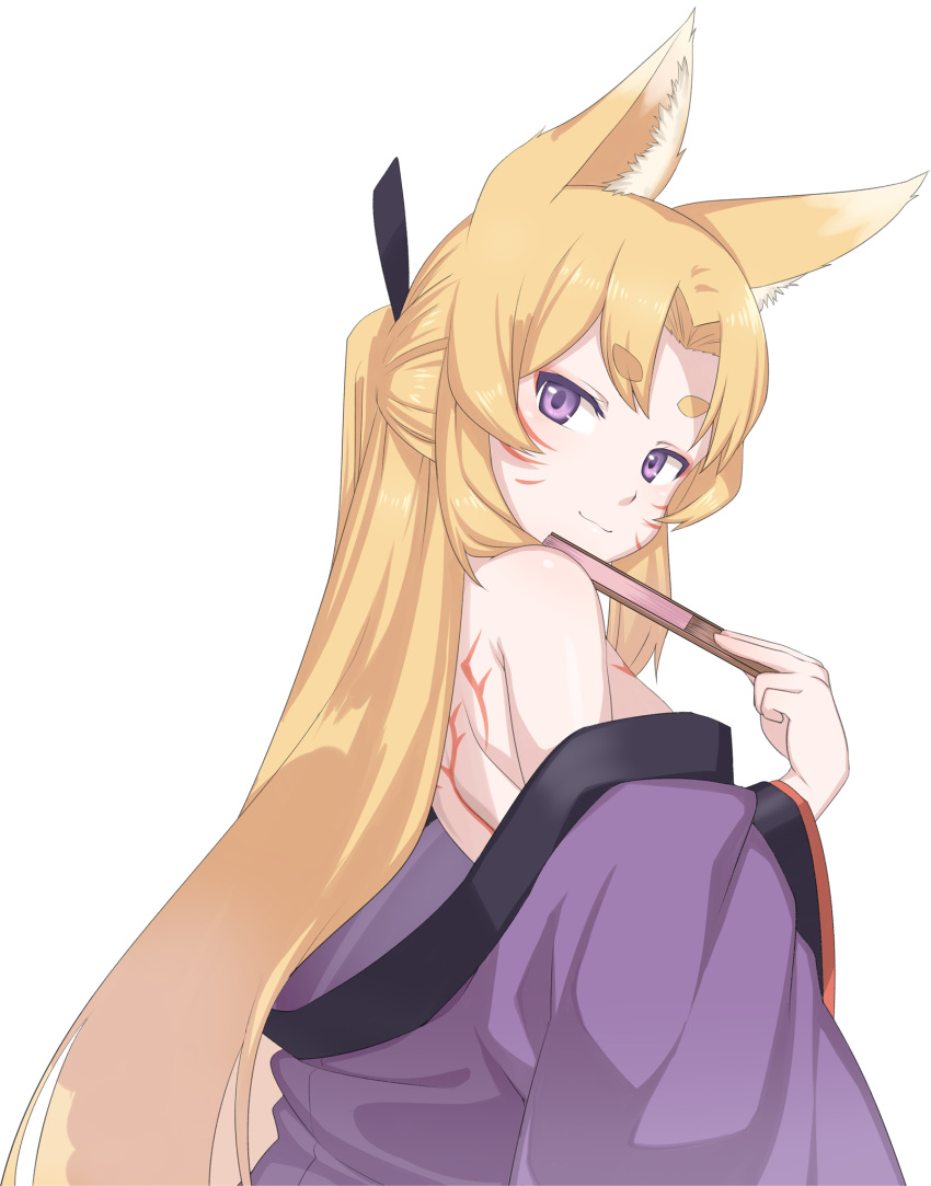1girl, :3, animal_ears, back_tattoo, bangs, bare_shoulders, black_ribbon, blonde_hair, closed_mouth, concon_confederation, eyebrows_visible_through_hair, fan, folding_fan, fox_ears, fox_girl, from_side, hair_ribbon, highres, holding, holding_fan, japanese_clothes, kimono, long_hair, looking_at_viewer, looking_back, parted_bangs, ponytail, purple_kimono, ribbon, smile, solo, tattoo, thick_eyebrows, transparent_background, upper_body, very_long_hair, violet_eyes, whisker_markings, yagi_(ningen)