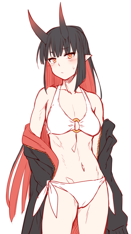 1girl, arm_at_side, bangs, bikini, black_hair, blunt_bangs, blush, breasts