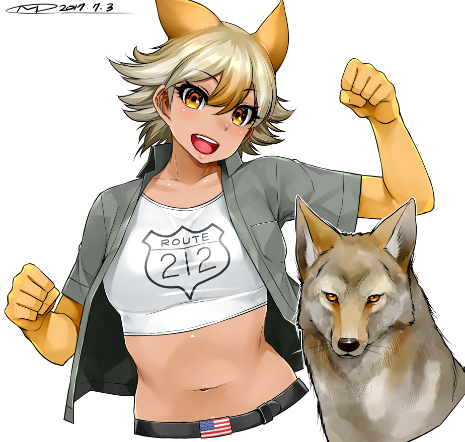 1girl, artist_name, belt, blonde_hair, coyote, coyote_(kemono_friends), coyote_ears, dated