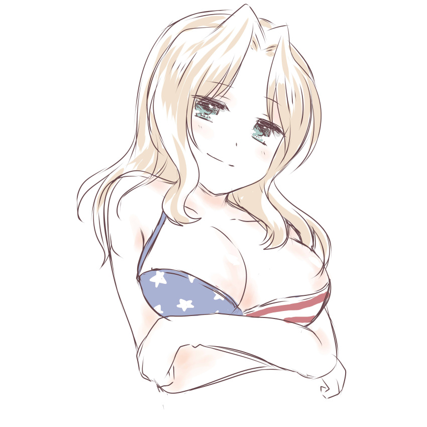 1girl, absurdres, american_flag_swimsuit, blonde_hair, blush, breasts, cleavage, cropped_torso