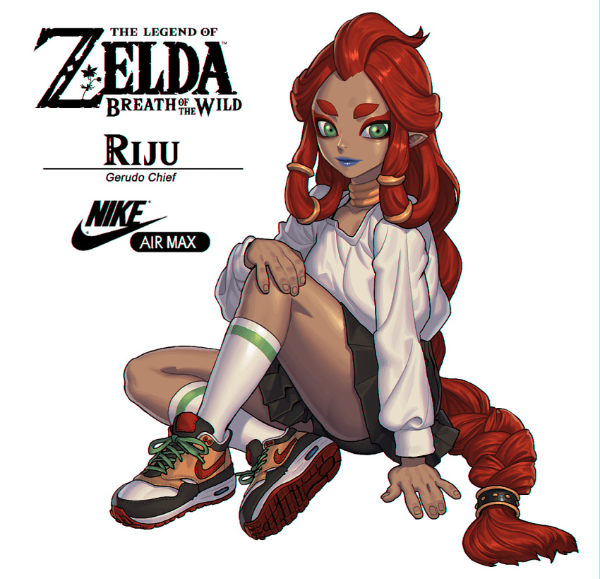 bangle, blue_lipstick, bon_sama, bracelet, braid, character_name, dark_skin, full_body, gerudo, green_eyes, highres, jewelry, lipstick, long_hair, long_sleeves, looking_at_viewer, makeup, mascara, nike, pleated_skirt, pointy_ears, redhead, riju, shirt, shoes, simple_background, sitting, skirt, smile, sneakers, text, the_legend_of_zelda, the_legend_of_zelda:_breath_of_the_wild, thick_eyebrows, very_long_hair, white_background, white_shirt