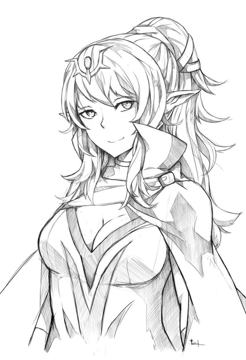 1girl, breasts, chiki, coat, fatuus, fire_emblem, fire_emblem:_kakusei, fire_emblem:_mystery_of_the_emblem, fire_emblem_heroes, hair_ornament, highres, jewelry, long_hair, monochrome, pointy_ears, smile, solo, white_background