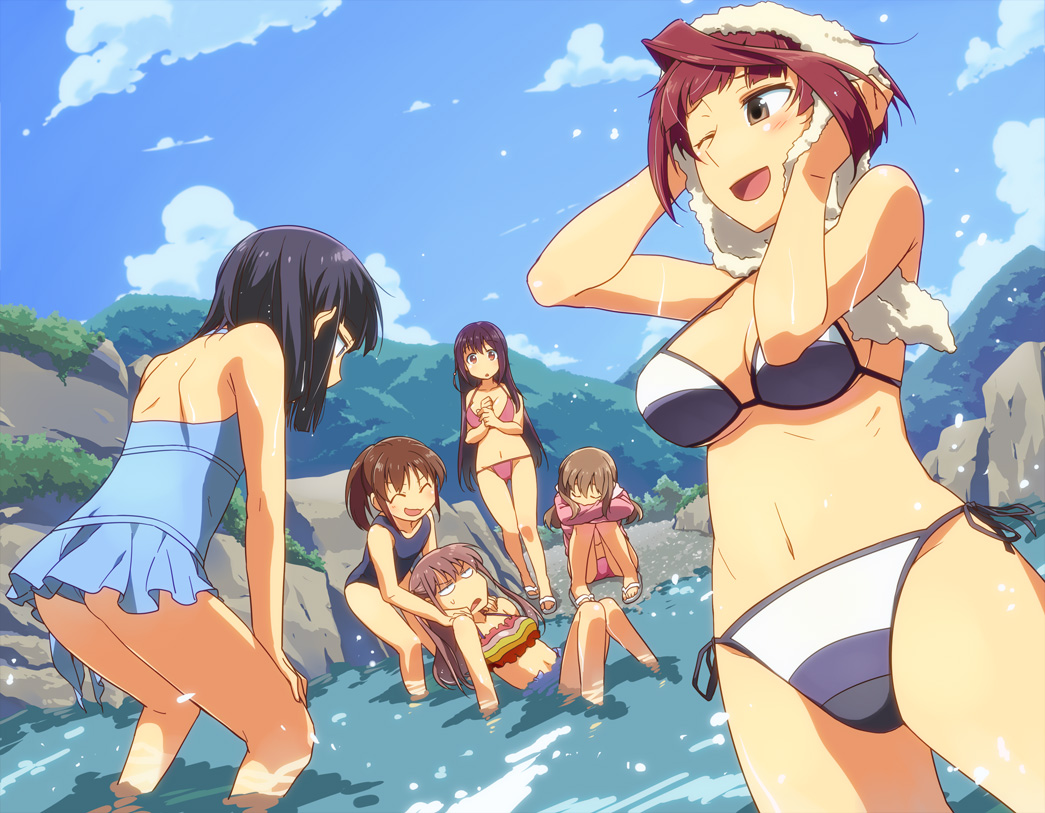 6+girls, akado_harue, atarashi_ako, bent_over, bikini, blue_sky, breasts, cleavage