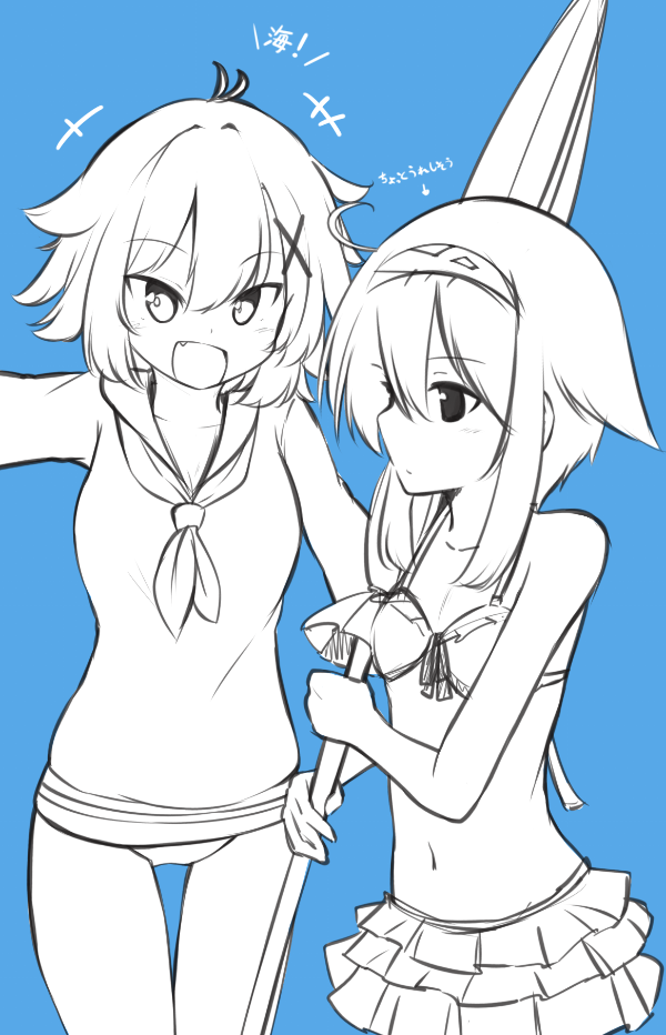 2girls, ahoge, bangs, bikini, bikini_skirt, blue_background, blush, closed_mouth