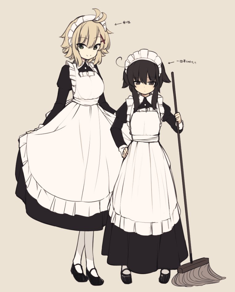 2girls, ahoge, alternate_costume, apron, bangs, black_eyes, black_hair, blonde_hair