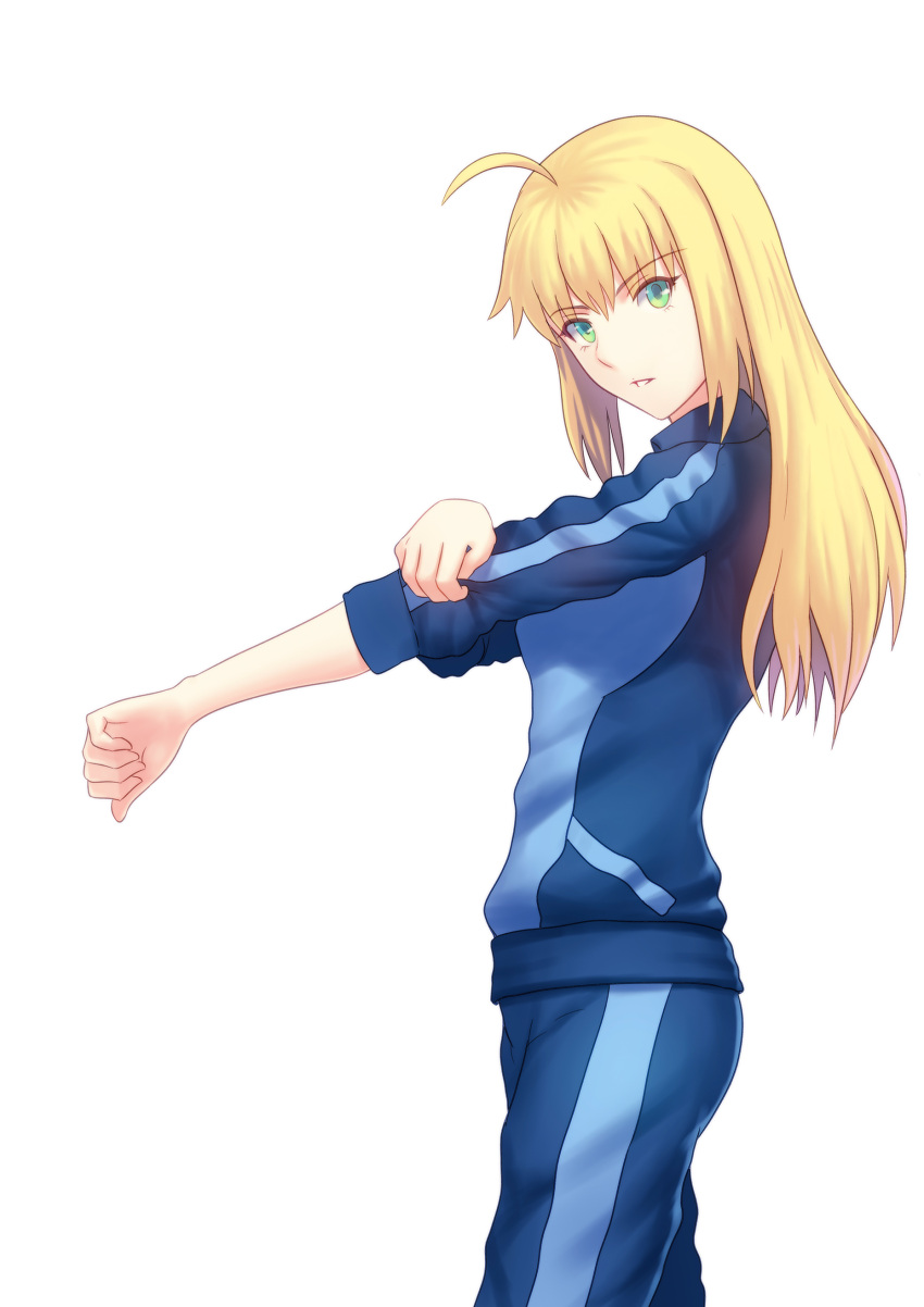 1girl, absurdres, ahoge, artoria_pendragon_lancer_(fate/grand_order), bangs, blonde_hair, blue_jacket, blue_pants