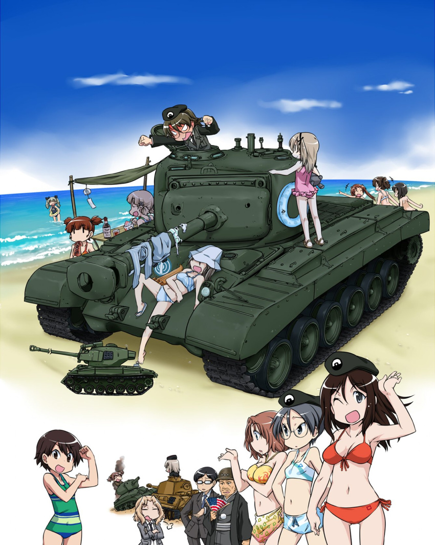 2boys, 6+girls, aki_(girls_und_panzer), alisa_(girls_und_panzer), anchovy, azumi_(girls_und_panzer), beach, beret