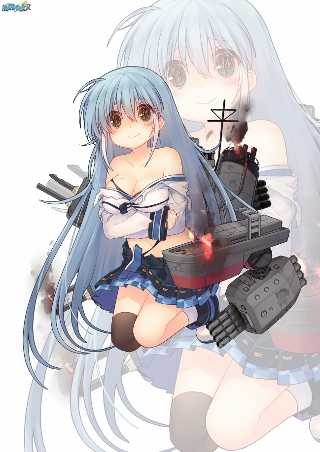 1girl, @_@, arashi_(zhan_jian_shao_nyu), black_legwear, blue_hair, blue_skirt, blush, breast_lift