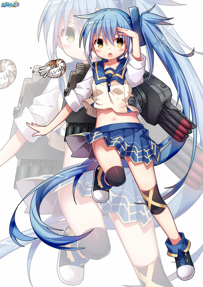 1girl, arashi_(zhan_jian_shao_nyu), blue_hair, blue_skirt, blush, eyebrows_visible_through_hair, jiang-ge, long_hair