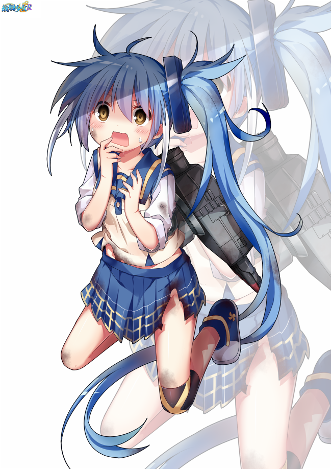 1girl, arashi_(zhan_jian_shao_nyu), blue_hair, blue_skirt, blush, burnt_clothes, jiang-ge, long_hair
