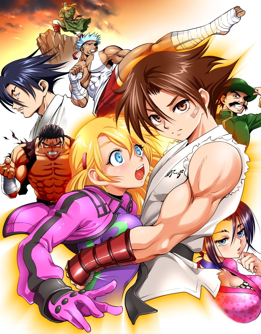 2girls, 6+boys, abs, adjusting_clothes, adjusting_hat, apachai_hopachai, bandage, bandaid