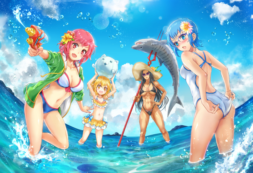 4girls, adjusting_clothes, adjusting_swimsuit, bikini, black_hair, blonde_hair, blue_eyes, blue_hair, cover_image, crotalaria, flower, frilled_bikini, frills, glasses, hair_flower, hair_ornament, jacket, long_hair, looking_at_viewer, looking_back, multiple_girls, navel, ocean, one-piece_swimsuit, open_clothes, open_jacket, original, pink_eyes, pink_hair, short_hair, standing, sunglasses, swimsuit, water_gun, yellow_eyes