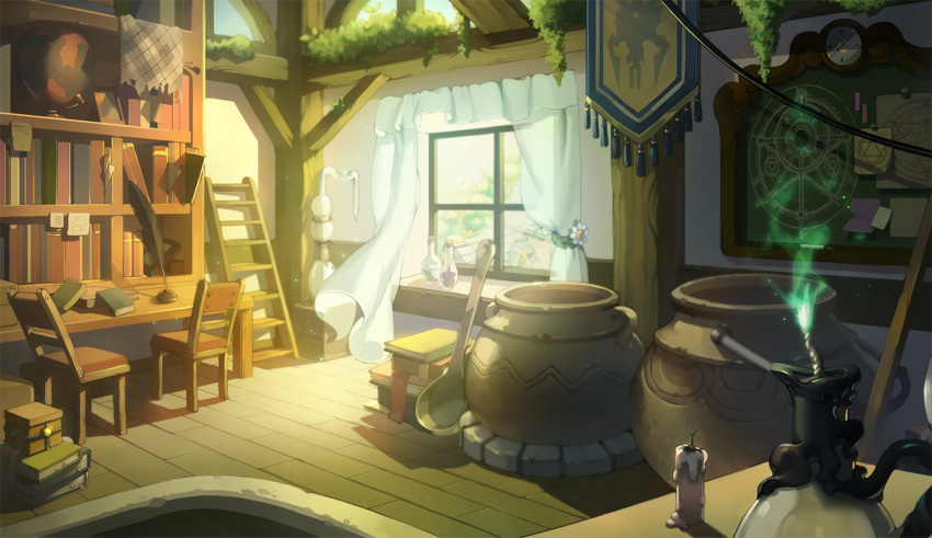 book_stack, bookshelf, bottle, box, candle, cauldron, chair, clock