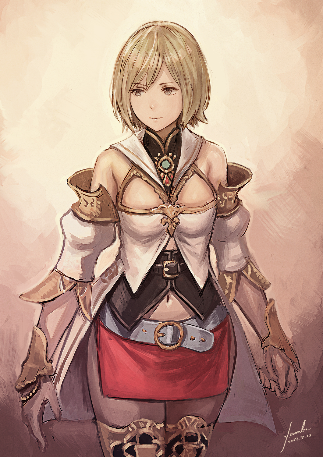 1girl, anbe_yoshirou, ashelia_b'nargin_dalmasca, belt, blonde_hair, breasts, cleavage, detached_sleeves