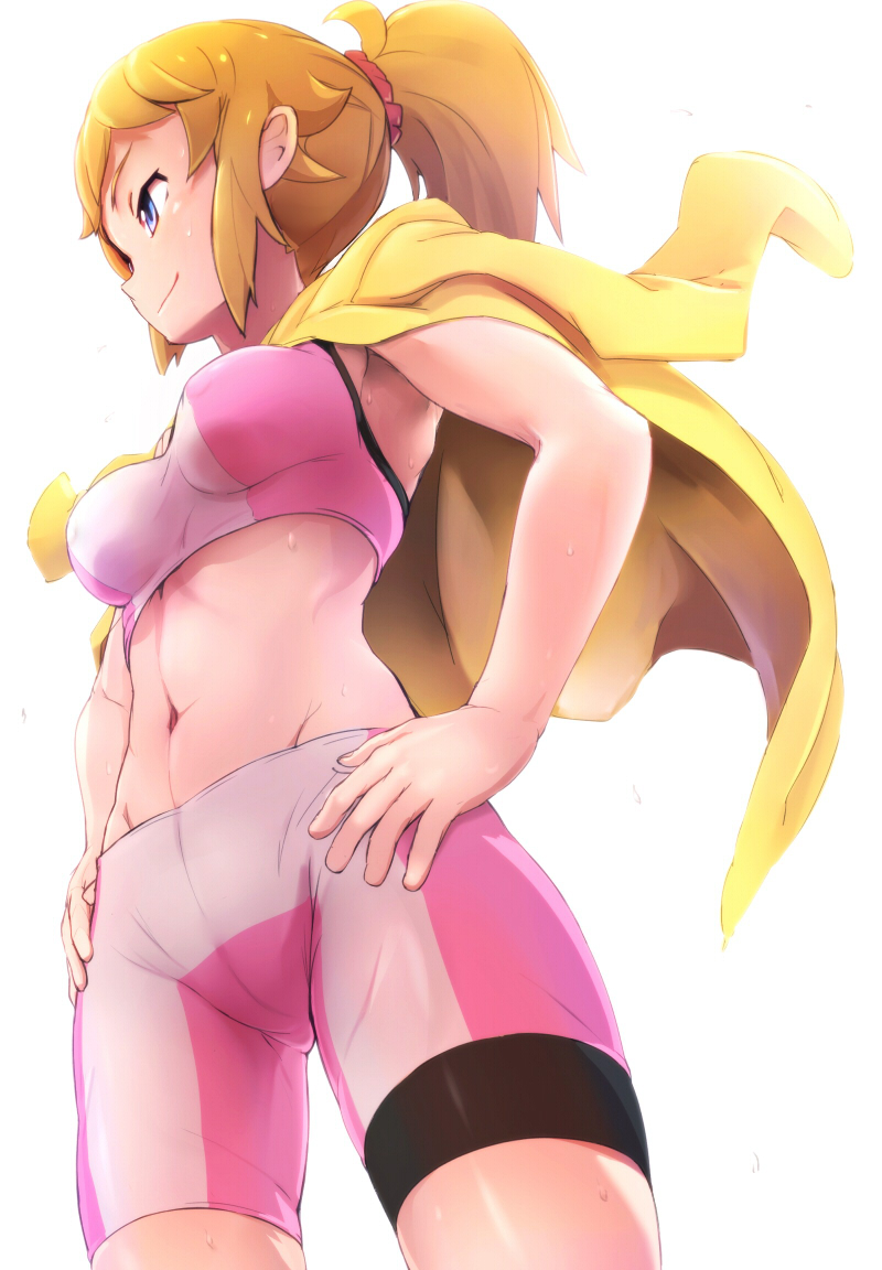 1girl, bike_shorts, blonde_hair, blue_eyes, breasts, brown_hair, closed_mouth, commentary_request