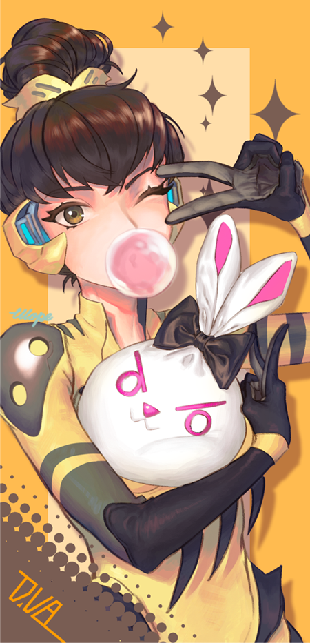 1girl, alternate_costume, alternate_hairstyle, b.va_(overwatch), black_bow, black_bowtie, black_gloves, bodysuit
