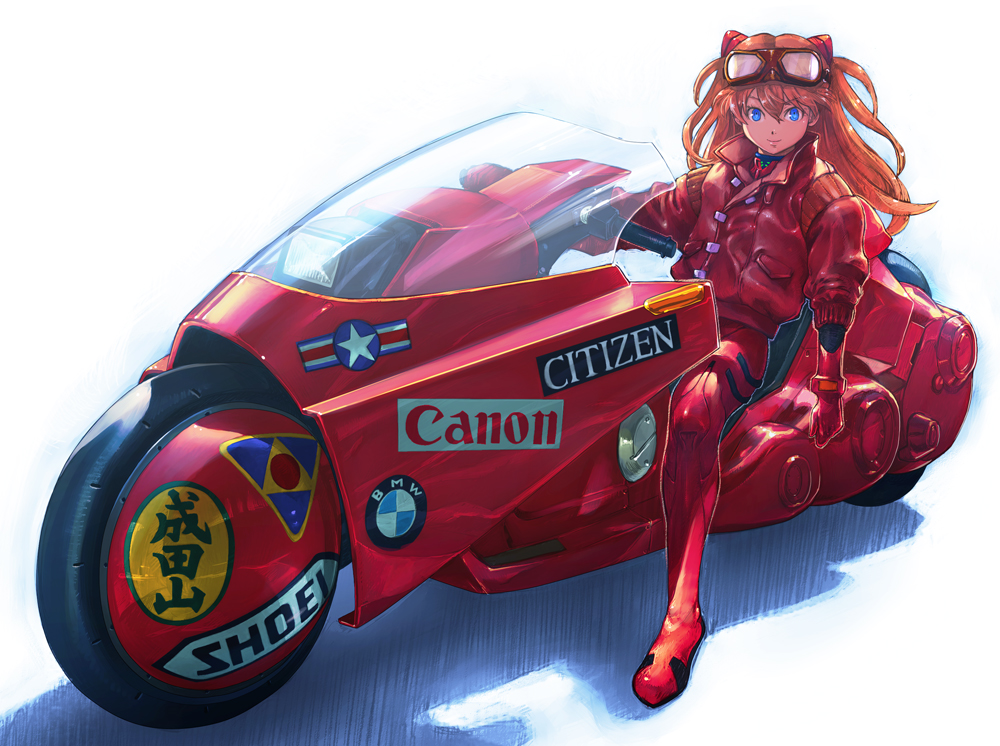 1girl, akira, blue_eyes, bmw, bodysuit, boyaking, canon_(company), citizen