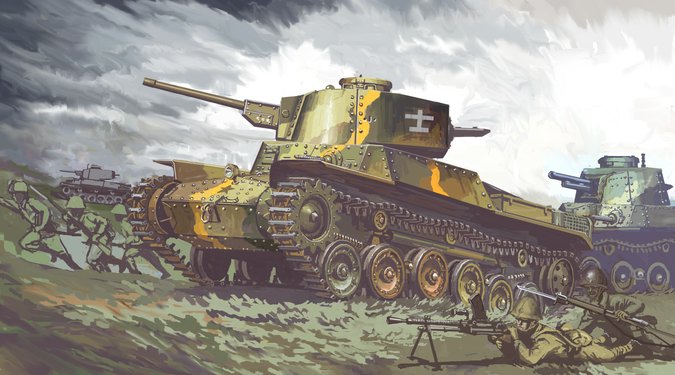 6+boys, clouds, grass, ground_vehicle, gun, imperial_japanese_army, machine_gun, military