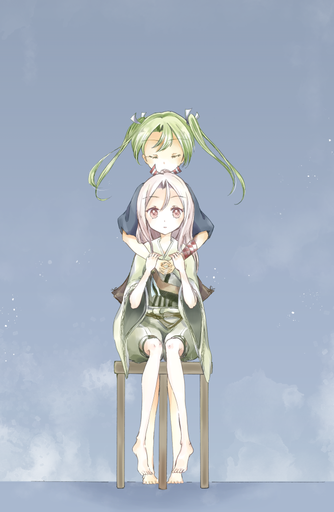 10s, 2girls, alternate_hairstyle, brown_eyes, brown_hair, brown_hakama, chair, closed_eyes