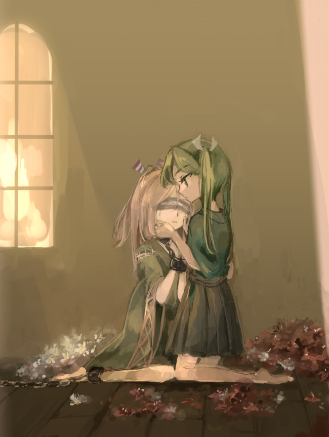 10s, 2girls, blindfold, brown_hair, brown_hakama, camouflage, chains, cuffs