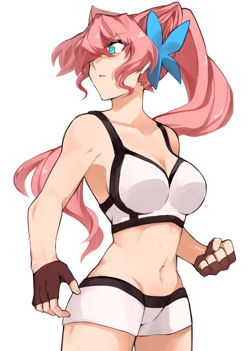 1girl, alternate_hairstyle, bare_shoulders, blue_eyes, breasts, clenched_hand, collarbone, commentary_request